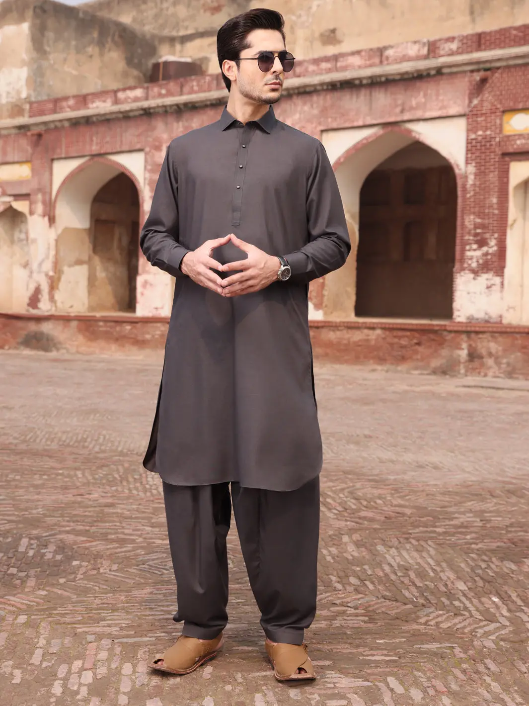 Charcoal Grey Blended Kameez Shalwar - Alwa-Ks-233 1