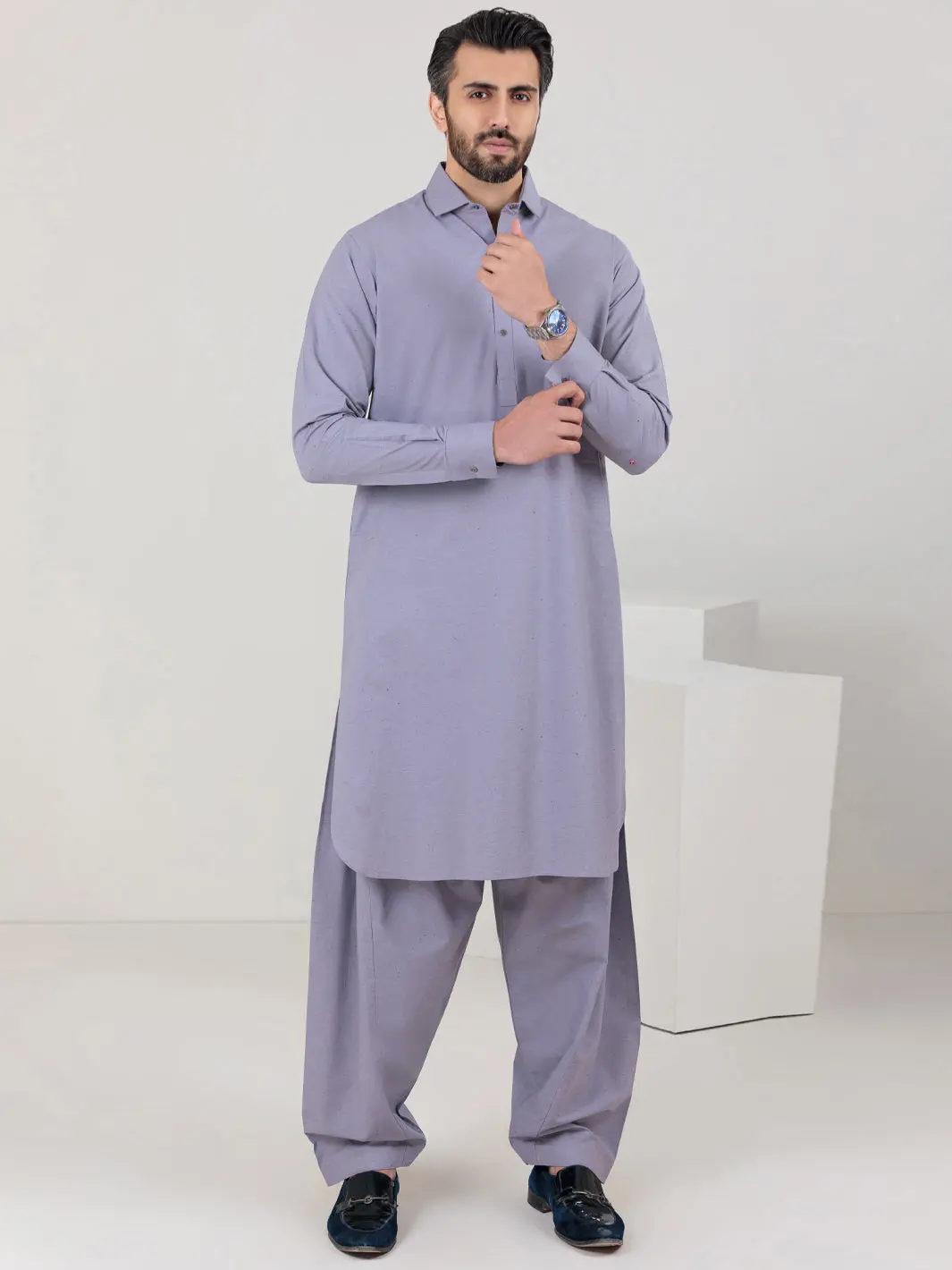 Light Grey Blended Kameez Shalwar - Alwa-Ks-305 1