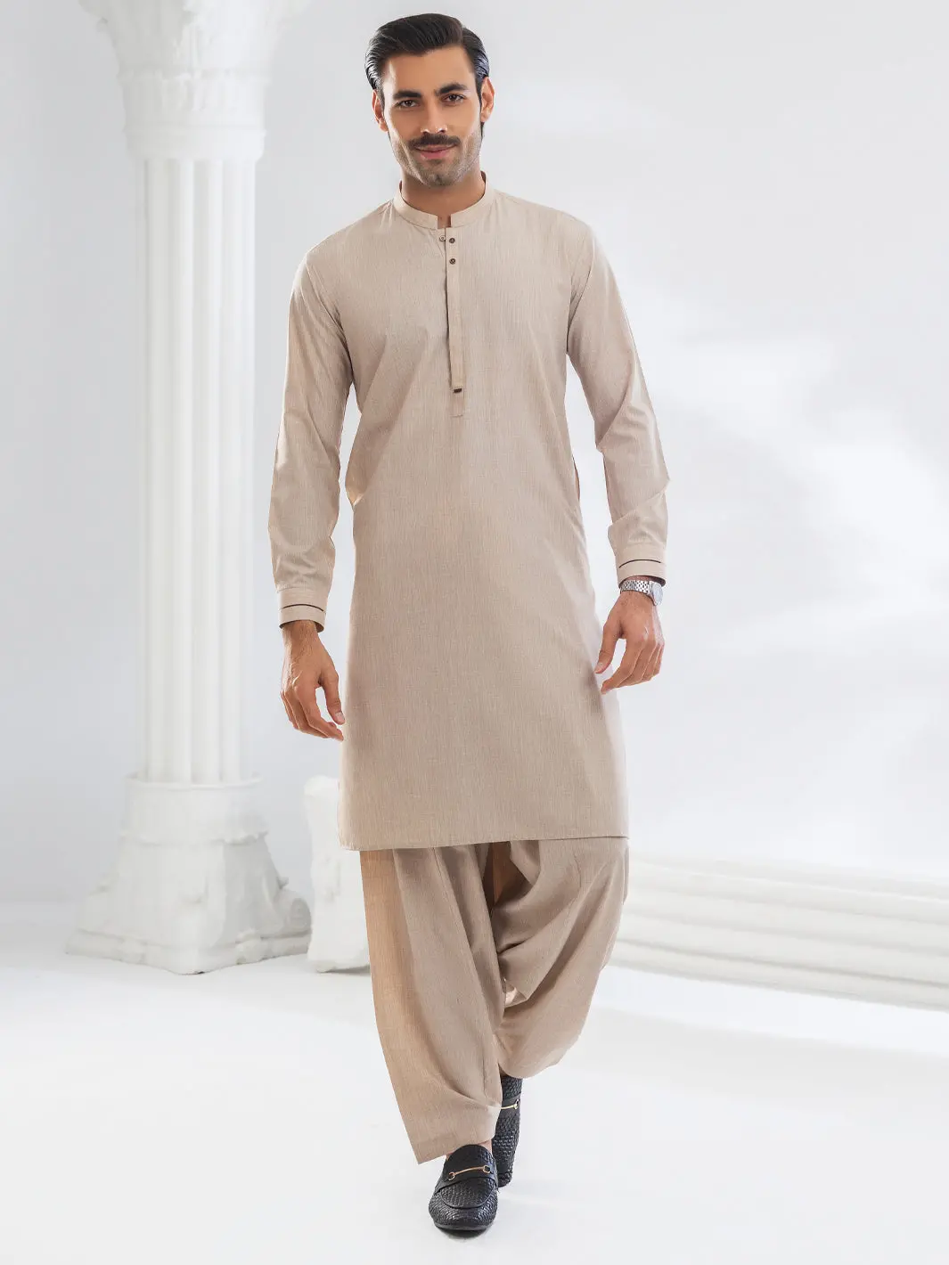Beige Blended Kameez Shalwar - Al-Ks-3109 1