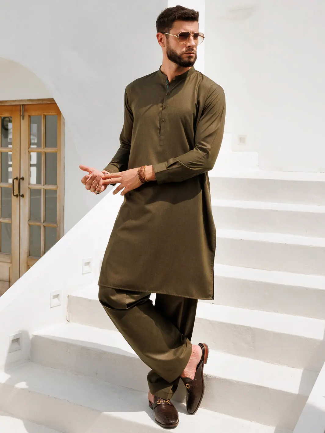Olive Blended Kameez Shalwar - Al-Ks-3159 1