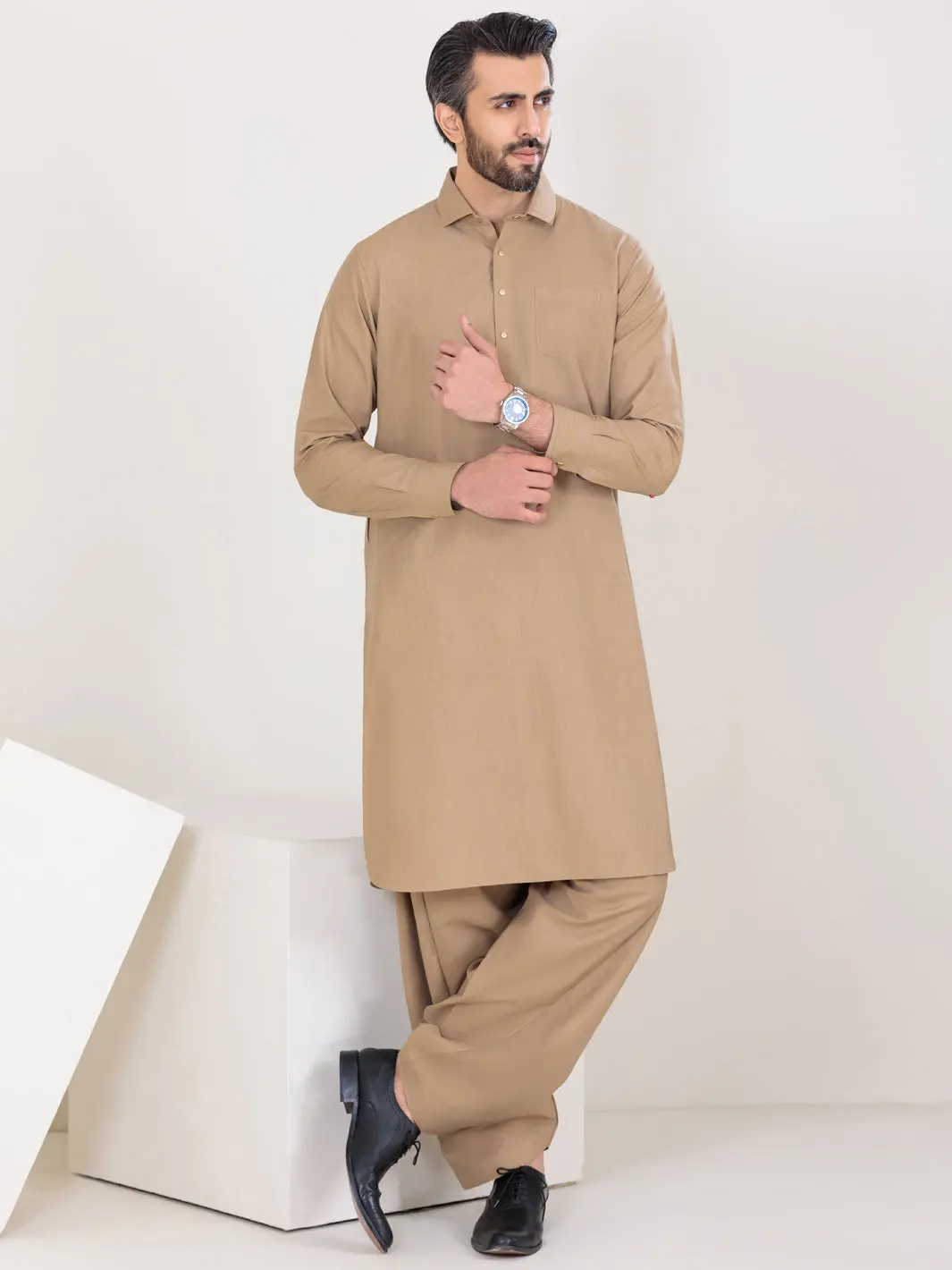 Beige Blended Kameez Shalwar - Alwa-Ks-317 1
