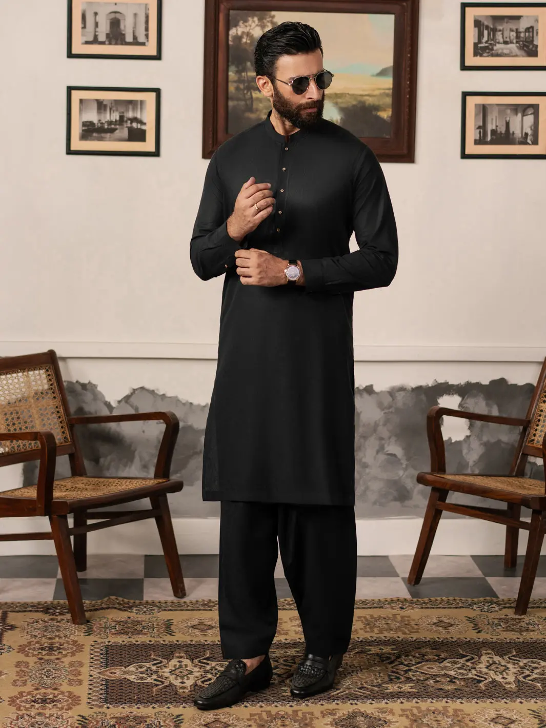 Black Cotton-Linen Kameez Shalwar - Al-Ks-3182 1