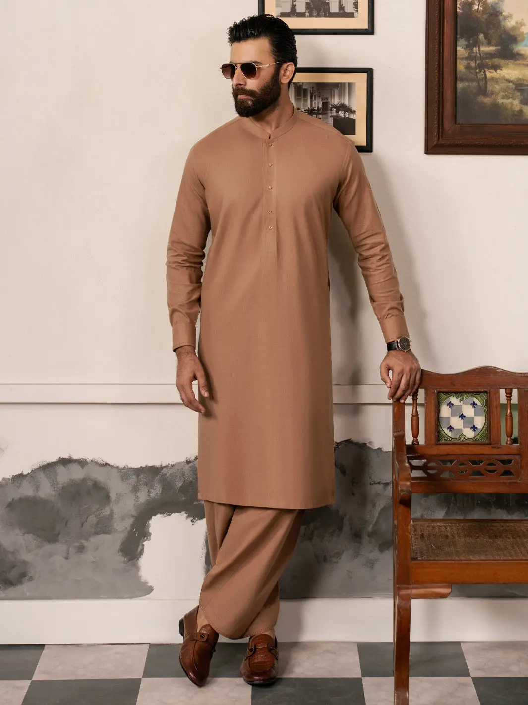 Brown Cotton-Linen Kameez Shalwar - Al-Ks-3184 1
