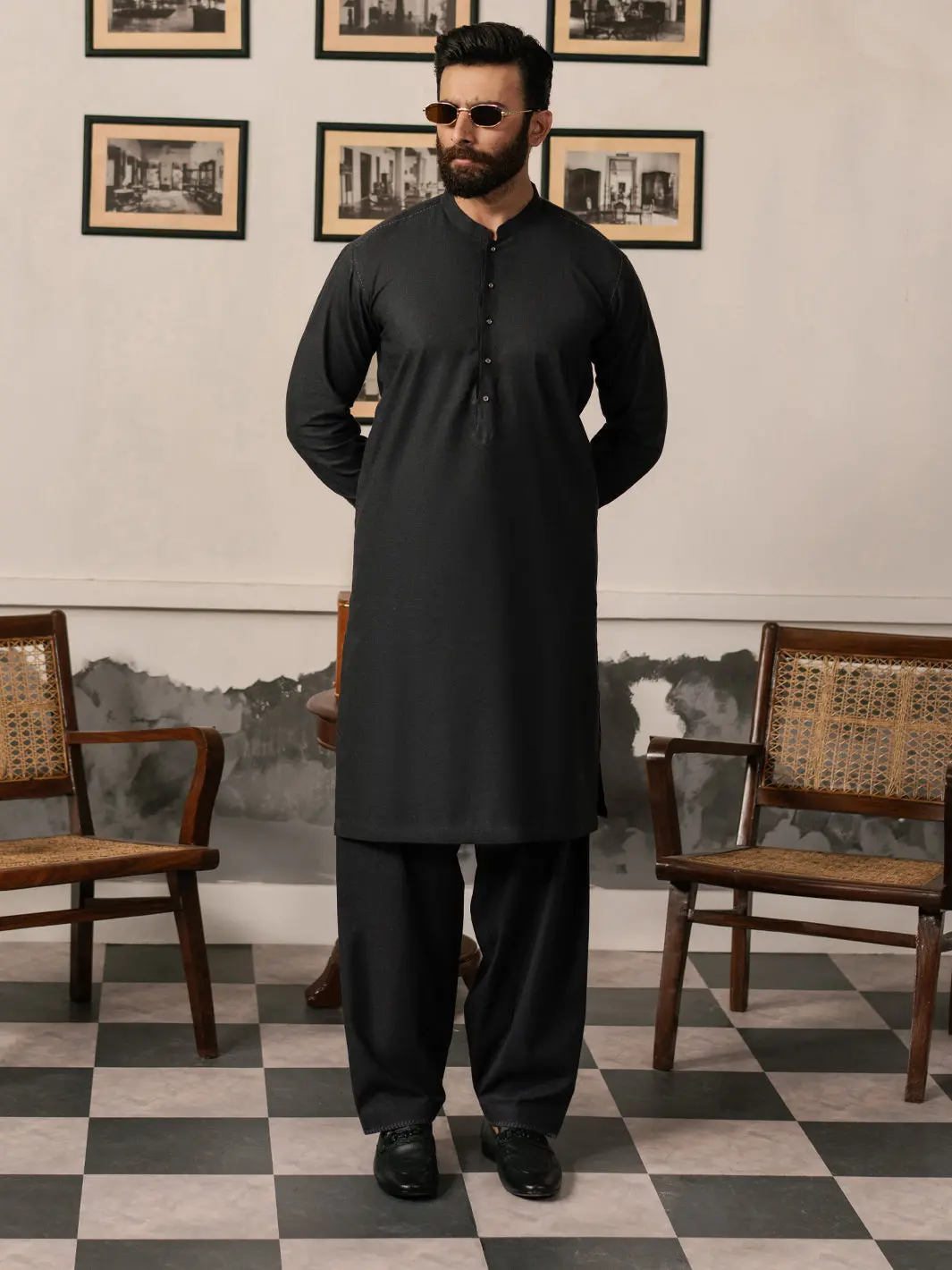 Charcoal Grey Cotton-Linen Kameez Shalwar - Al-Ks-3185 1