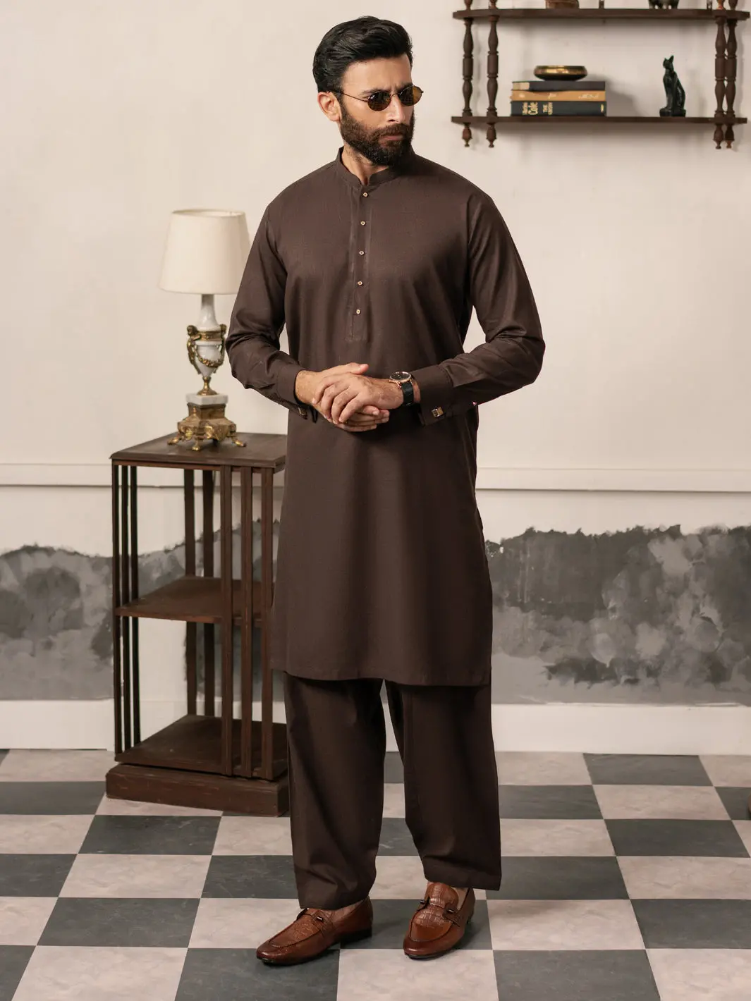 Dark Brown Cotton-Linen Kameez Shalwar - Al-Ks-3186 1