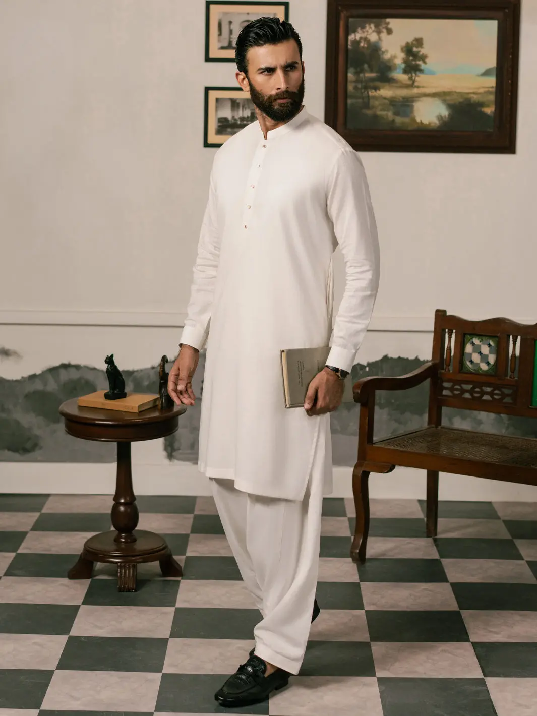 White Cotton-Linen Kameez Shalwar - Al-Ks-3269 1