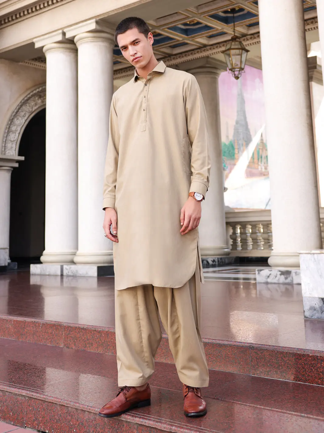 Dull Khaki Blended Kameez Shalwar - Alwa-Ks-429 1