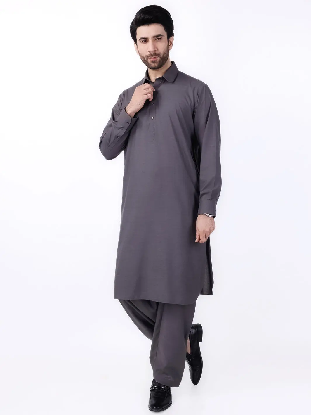Charcoal Grey Blended Kameez Shalwar - Alwa-Ks-433 1