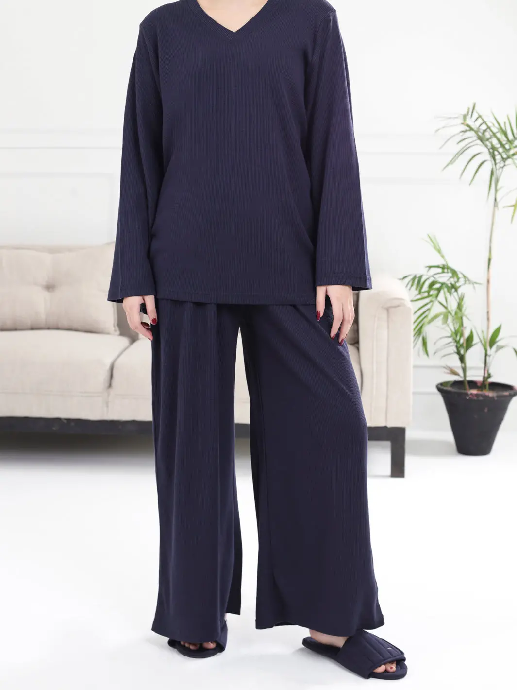 Navy Blue Knitted Co-Ord Set With Matching Slides - Awp-Lksfw-732 1