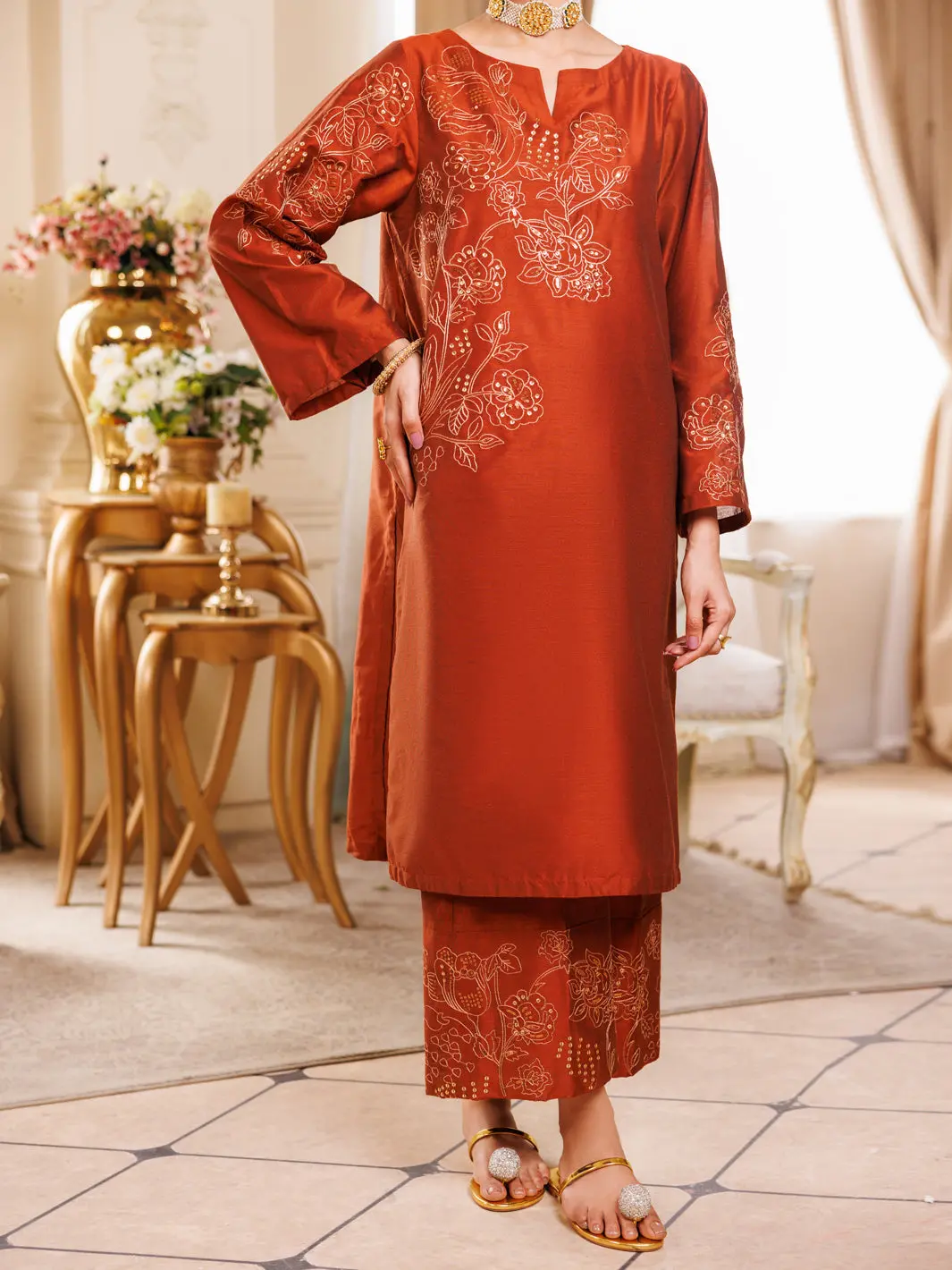 Rust Raw Silk Formal 2Pc Stitched - Al-Ls-Lks-538 1