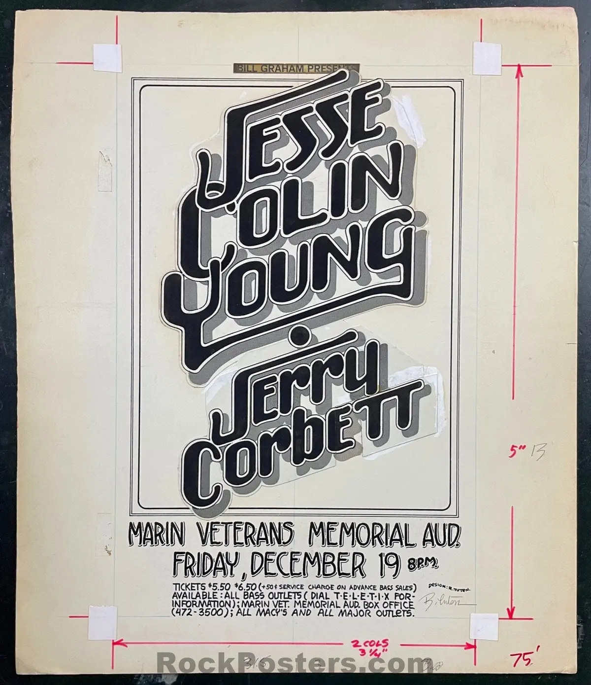 Auction - Original Art -  Jesse Colin Young - Randy Tuten Signed - 1975 Newspaper Ad - Marin Veterans Auditorium - Excellent 1