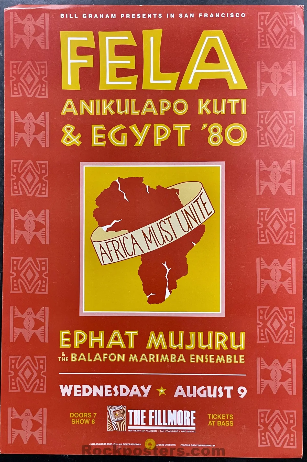 Nf-113 - Fela Kuti & Egypt '80 - Arlene Owseichik - 1989 Poster - The Fillmore - Excellent 1