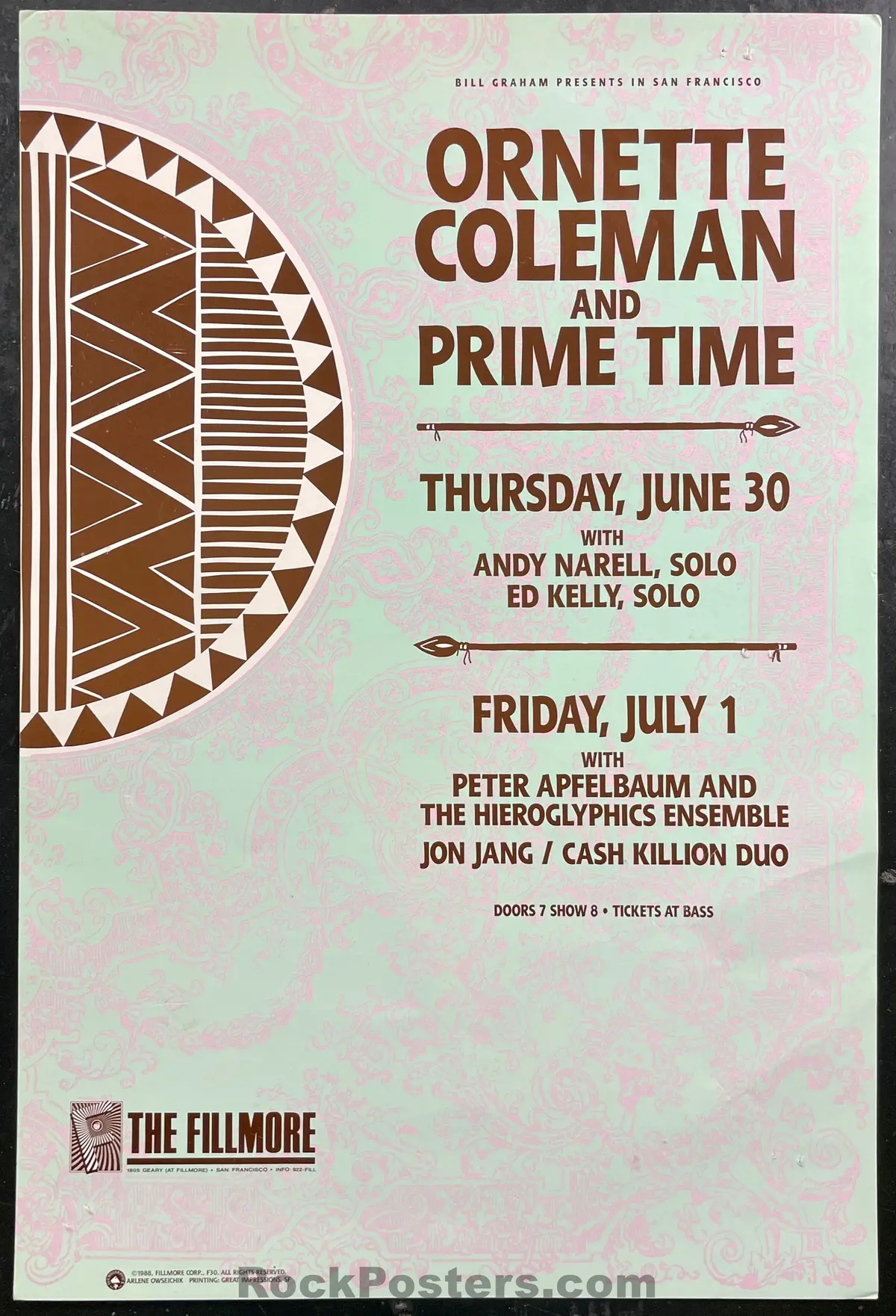 Nf-30 - Ornette Coleman - & Prime Time - 1988 Poster - The Fillmore - Near Mint Minus 1