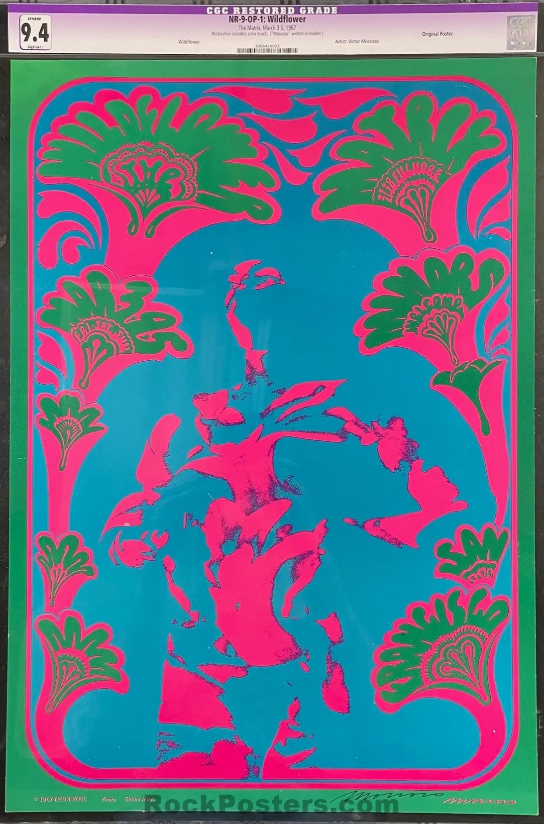 Auction - Neon Rose 9 - Wildflower - Victor Moscoso Signed - The Matrix - 1967 Poster - Cgc Restored Graded 9.4 1