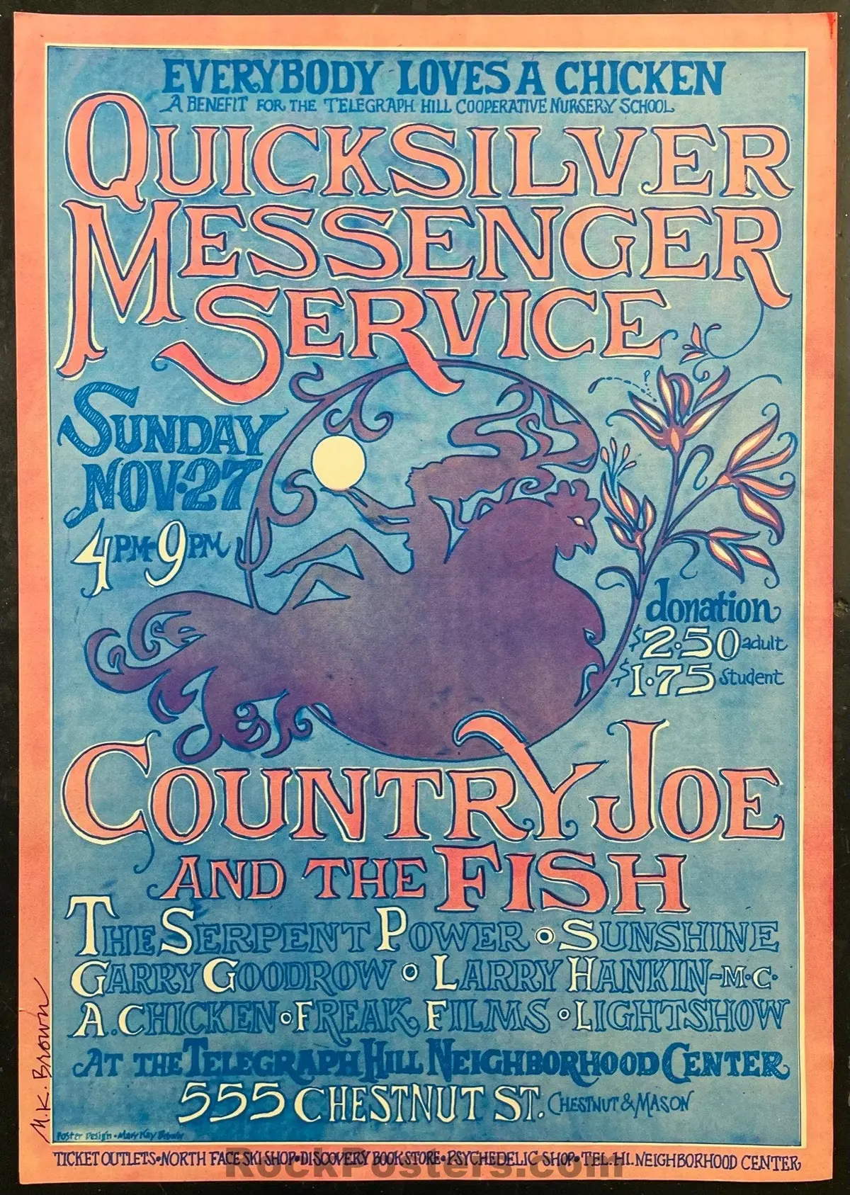Auction - Quicksilver Messenger - Mary Kay Brown Signed - San Francisco - 1968 Benefit Poster - Excellent 1