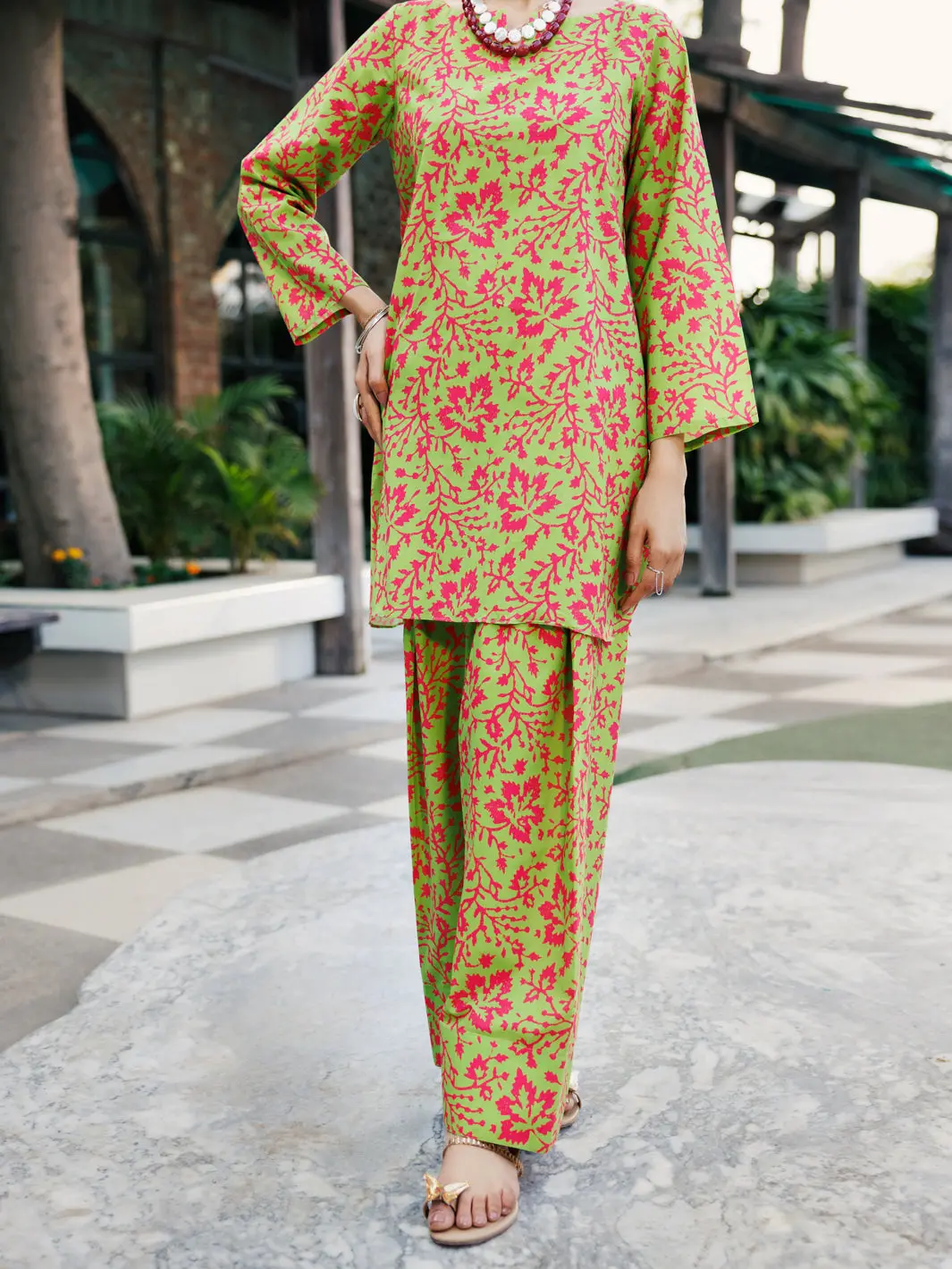 Mehndi Green Lawn Co-Ord Set - Alp-2Ps-Slks-2232 1