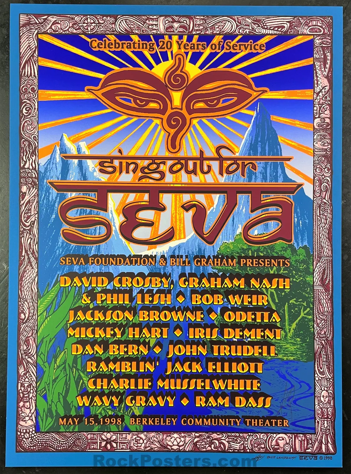 Sing Out For Seva -  Bob Weir/David Crosby - Alton Kelley Double  Signed - 1998 Poster - Near Mint 1