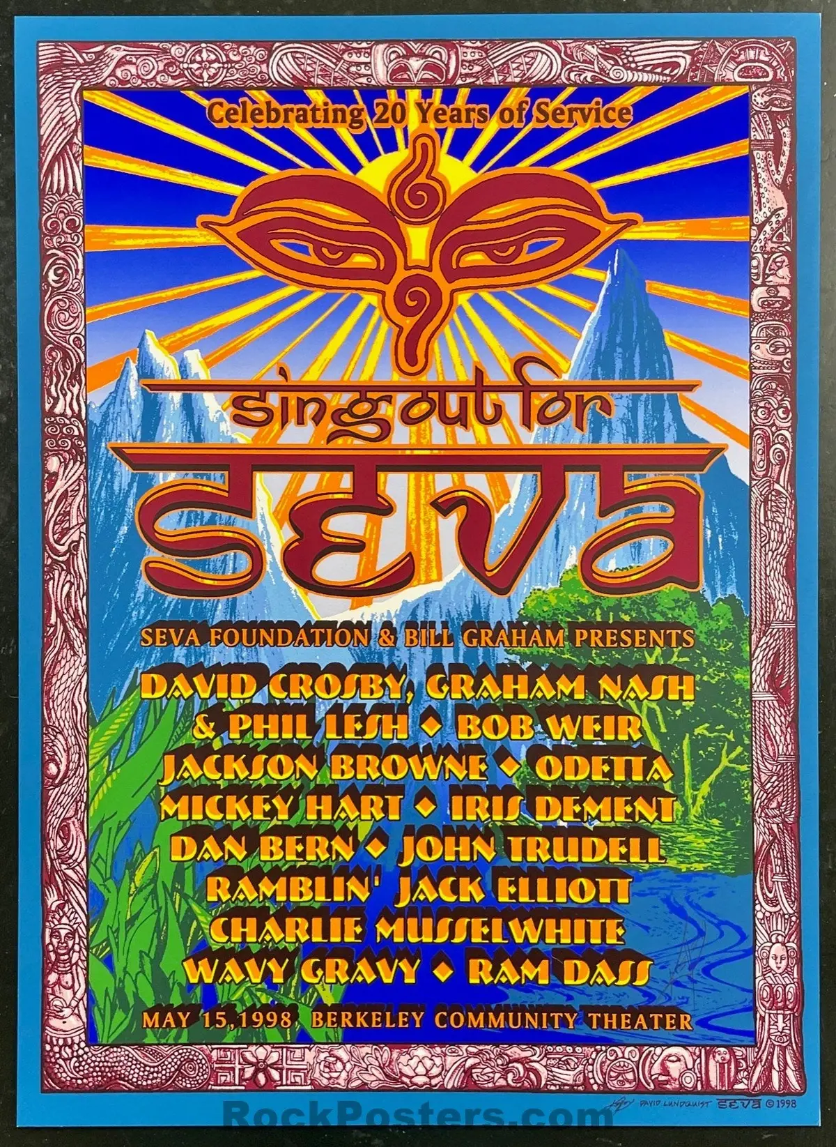Auction - Sing Out For Seva - Bob Weir/David Crosby - Alton Kelley Signed - Berkeley - 1998 Poster - Near Mint 1