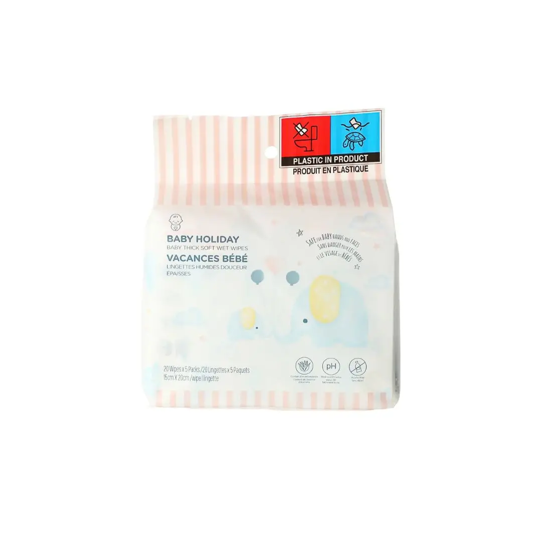 Baby Holiday Baby Thick Soft Wet Wipes (20 Wipes×5 Packs) 1