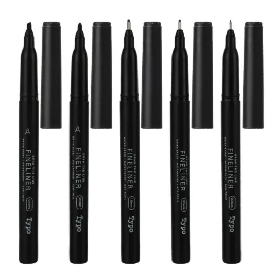 5 Black Fineliners Set (Round, 1.0Mm, Chisel, 0.5Mm, 0.2Mm) 1