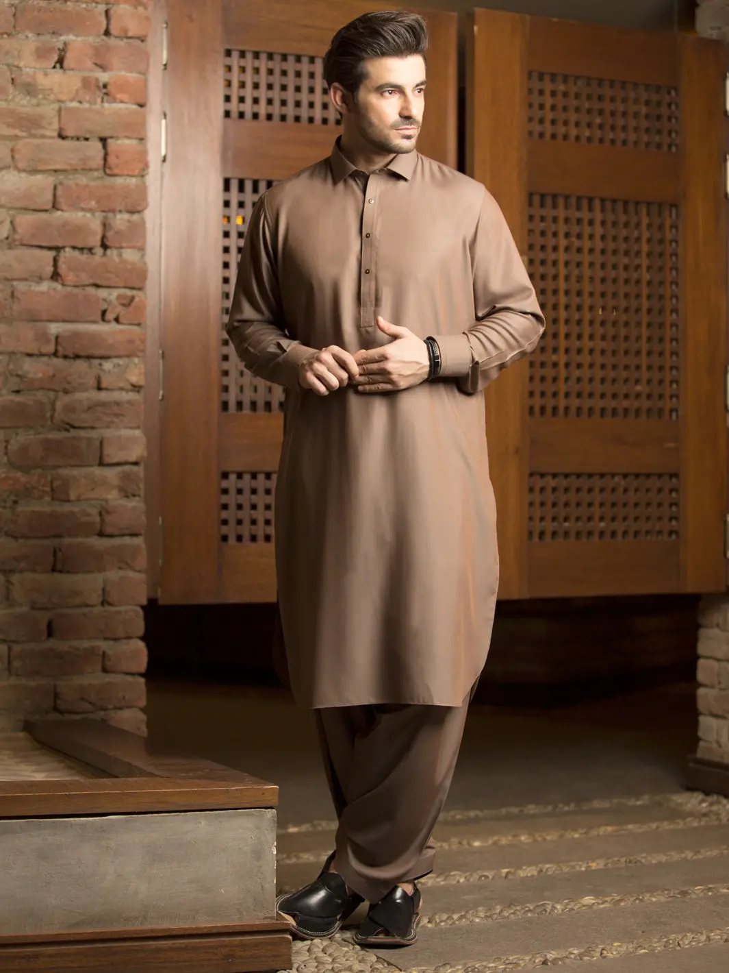 Light Brown Blended Kameez Shalwar - Alwa-Ks-247 1