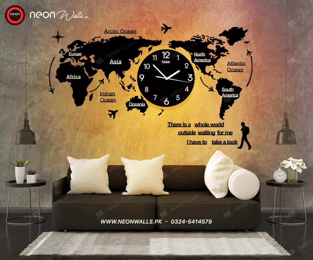 World Map Wall Clock With Rope Light(Large) 1
