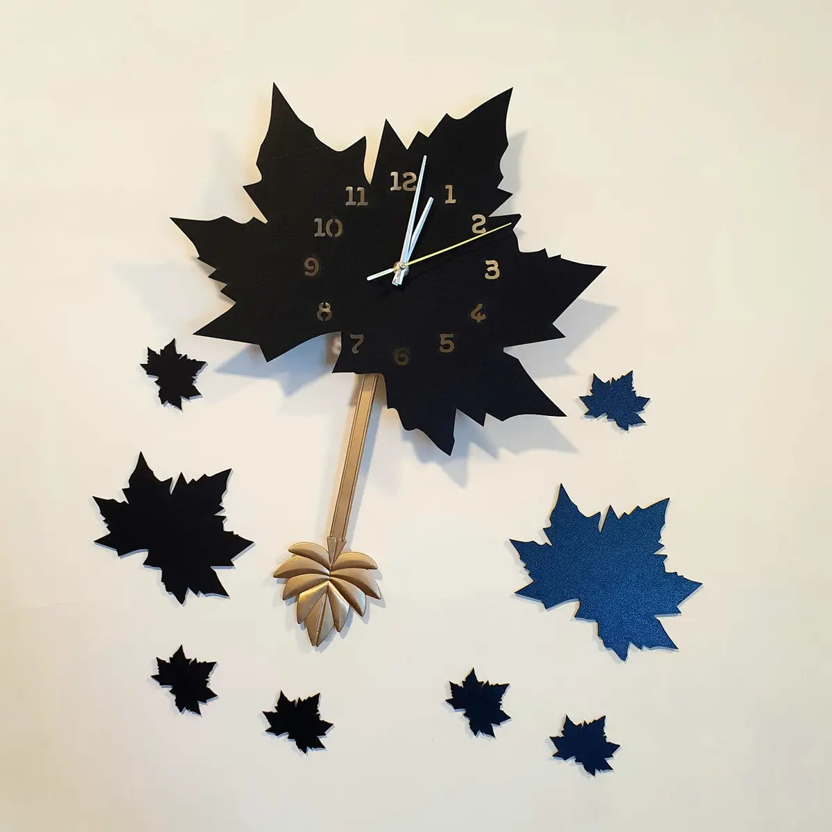 Black Maple Leaf Wall Clock With Pendulum 1