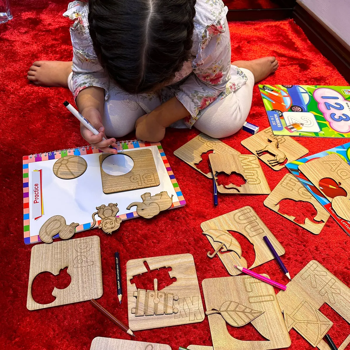 Kids Wooden Drawing Stencils English/Urdu/Mathematics Alphabets Learning Puzzle Toys 1