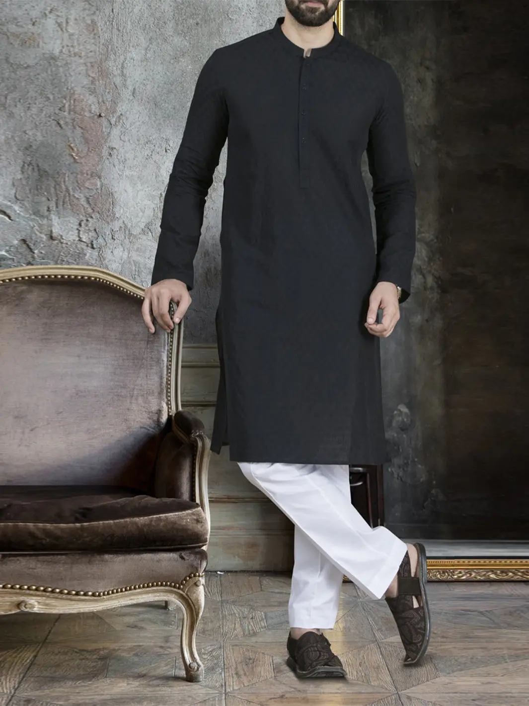 Black Cotton Kurta - Al-K-708 1