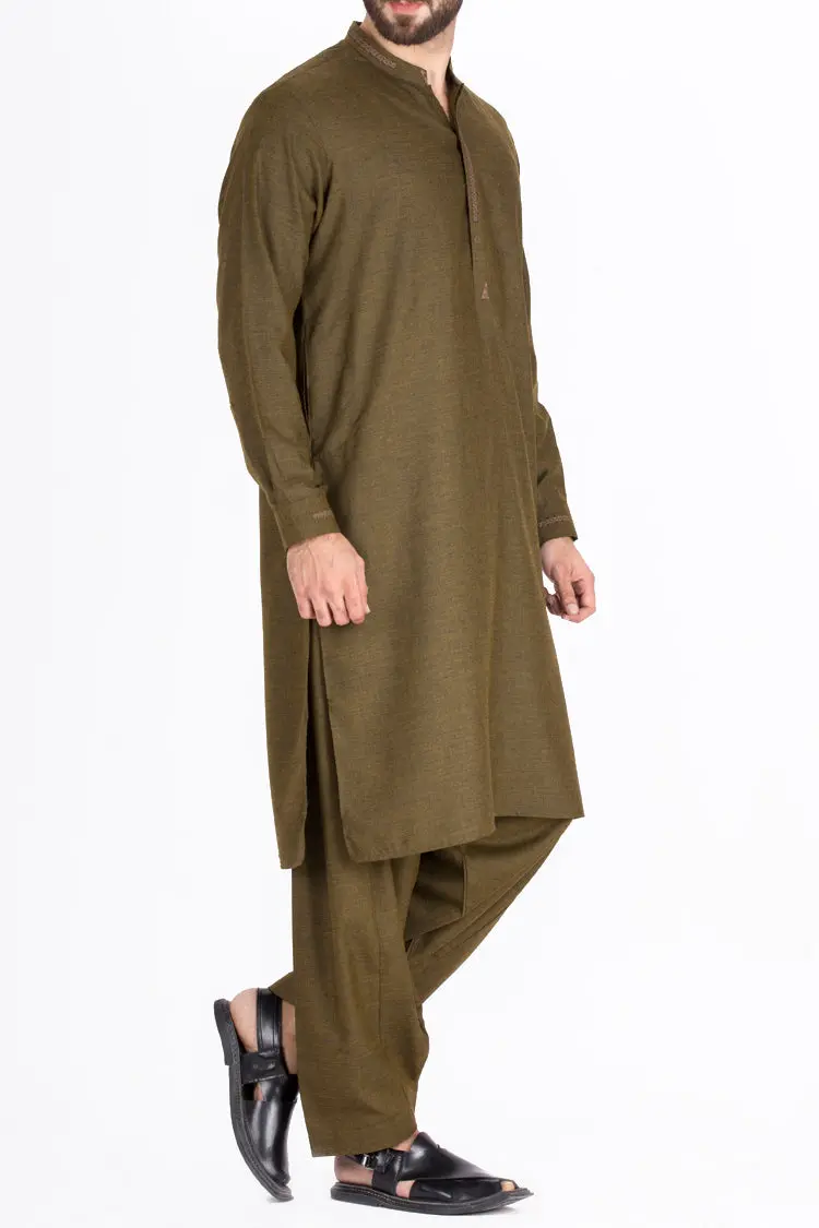 Olive Green Blended Kameez Shalwar - Al-Ks-2336 1