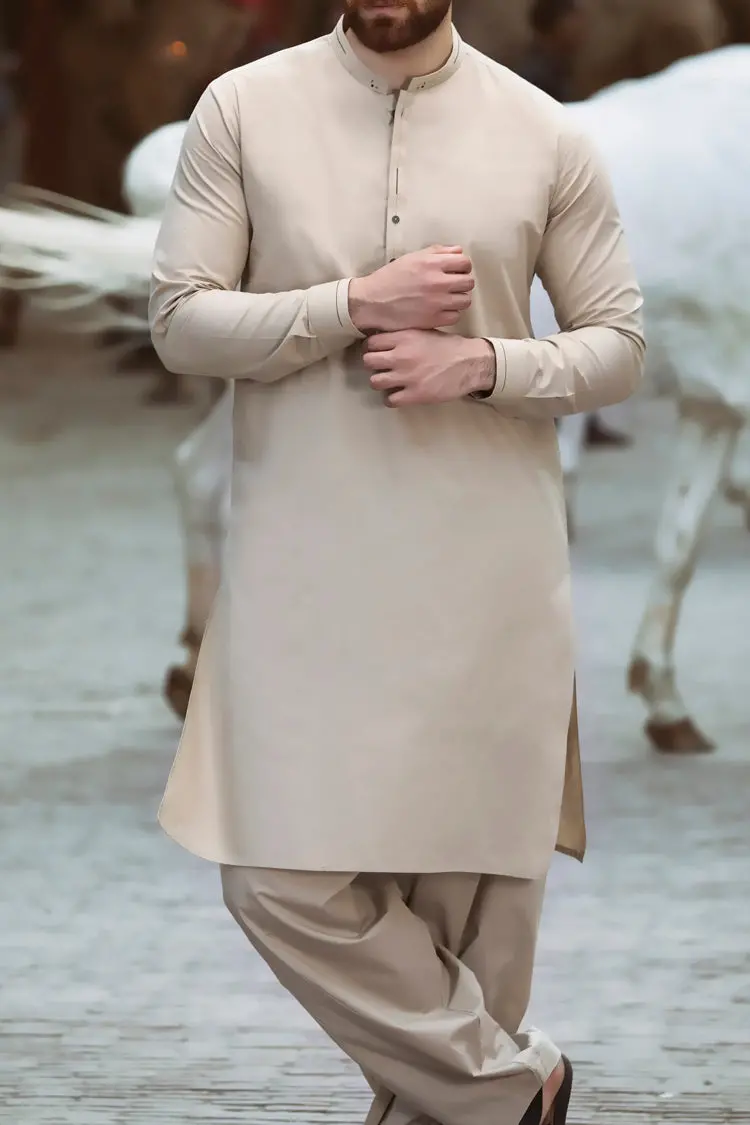 Sand Colored Brown Cotton Kameez Shalwar - Al-Ks-2344 1
