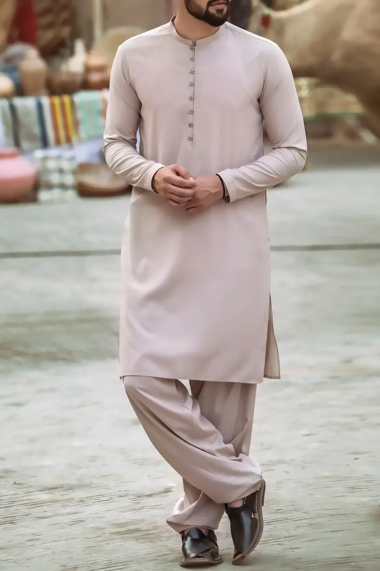 Beige Cotton Kameez Shalwar - Al-Ks-2376 1