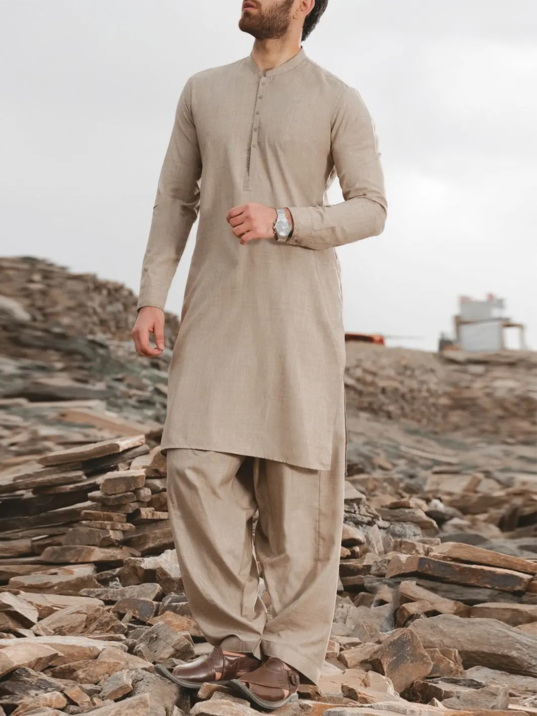 Sand Colored Blended Kameez Shalwar - Al-Ks-2428 1