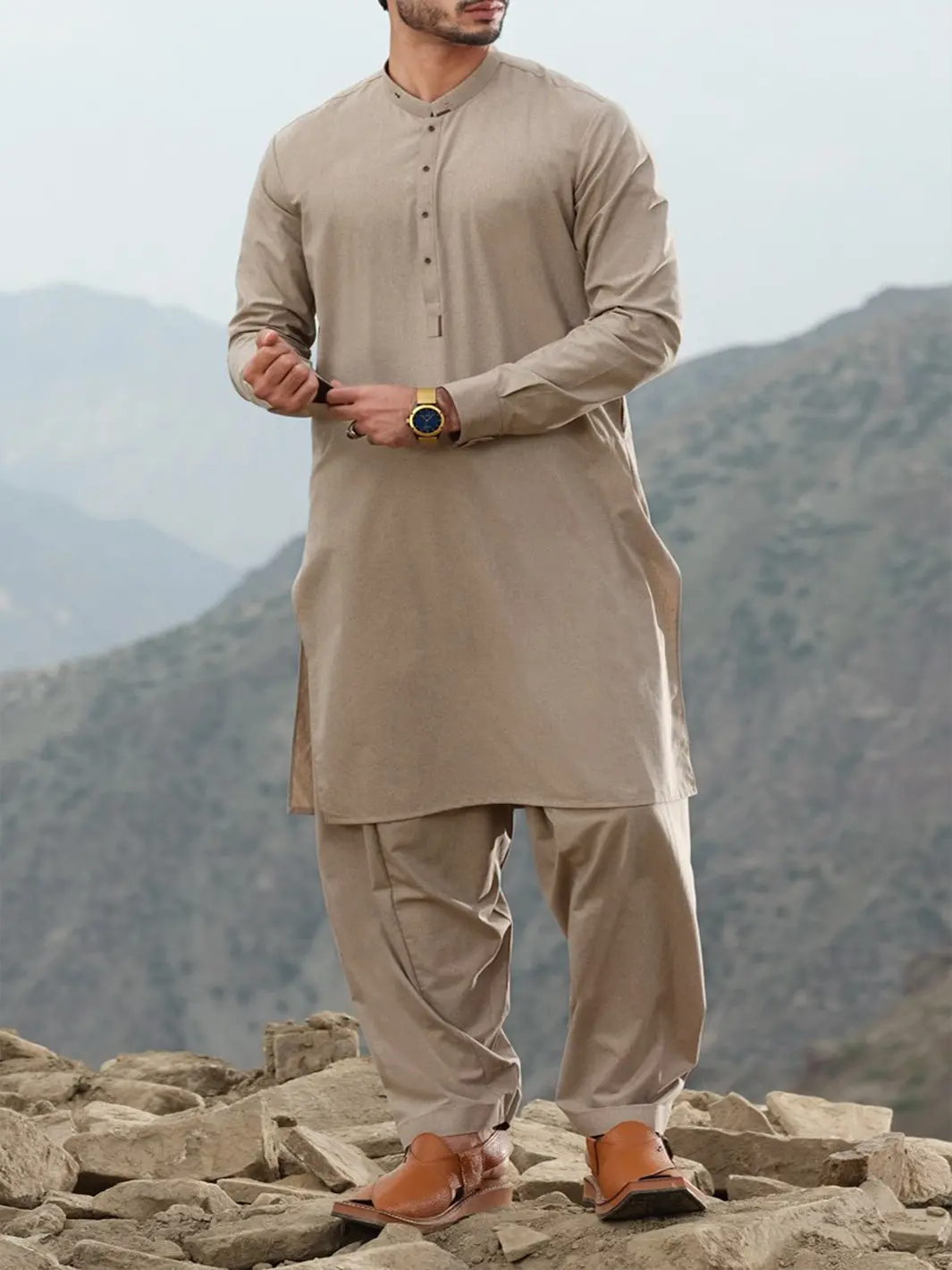 Beige Blended Kameez Shalwar - Al-Ks-2459 1