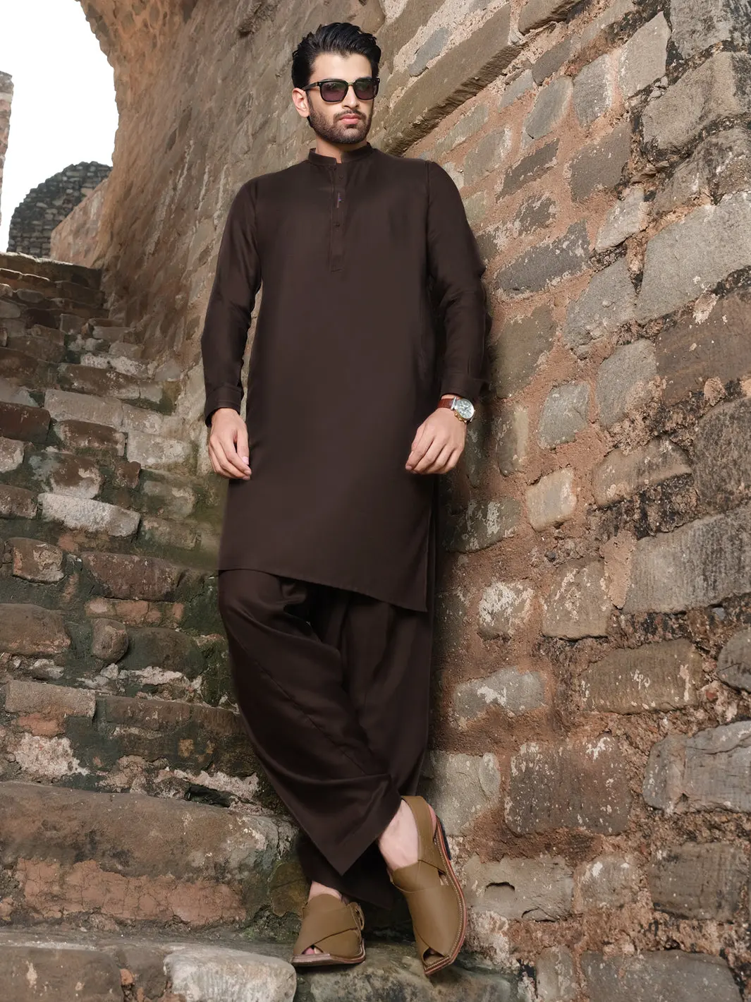 Dark Brown Blended Kurta Shalwar - Al-Ks-2528 1