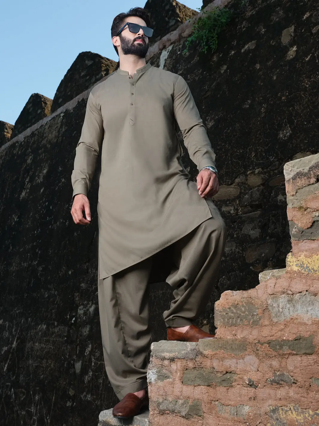 Light Brown Blended Kameez Shalwar - Al-Ks-2536 1