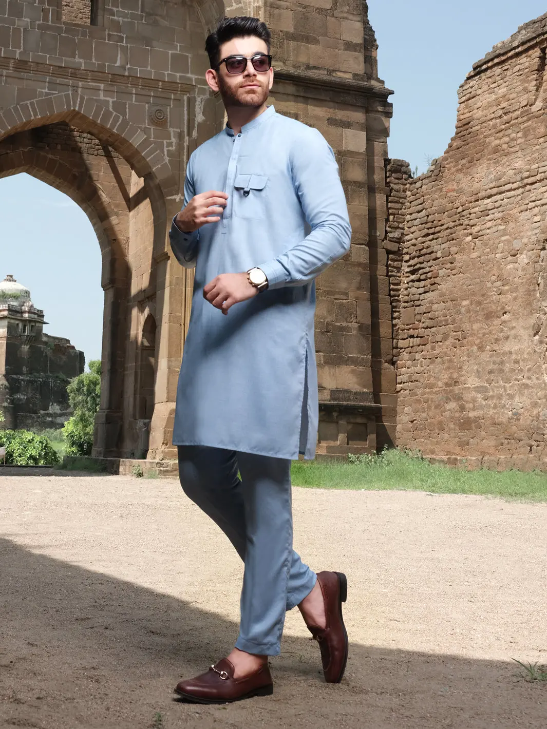 Ice Blue Blended Kurta Pajama - Al-Ks-2559 1