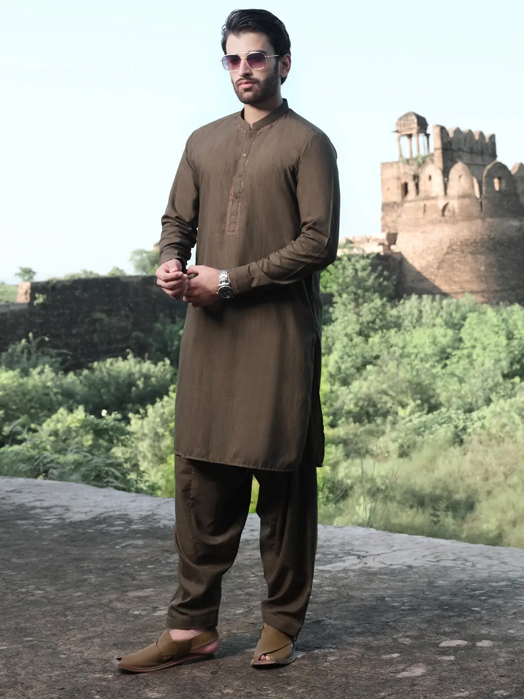 Olive Green Blended Kameez Shalwar - Al-Ks-2572 1