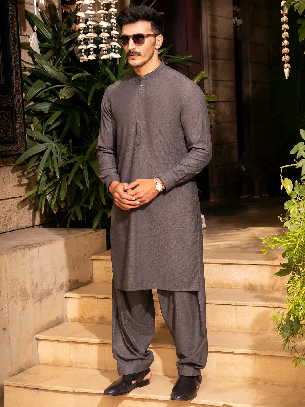 Charcoal Grey Blended Kameez Shalwar - Al-Ks-2695 1