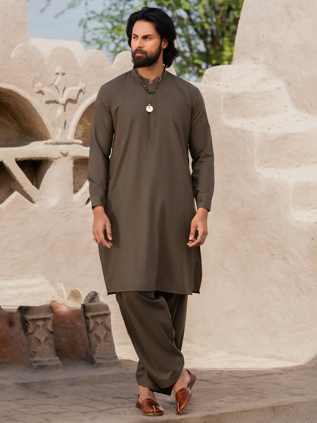 Olive Green Blended Kameez Shalwar - Al-Ks-3181 1