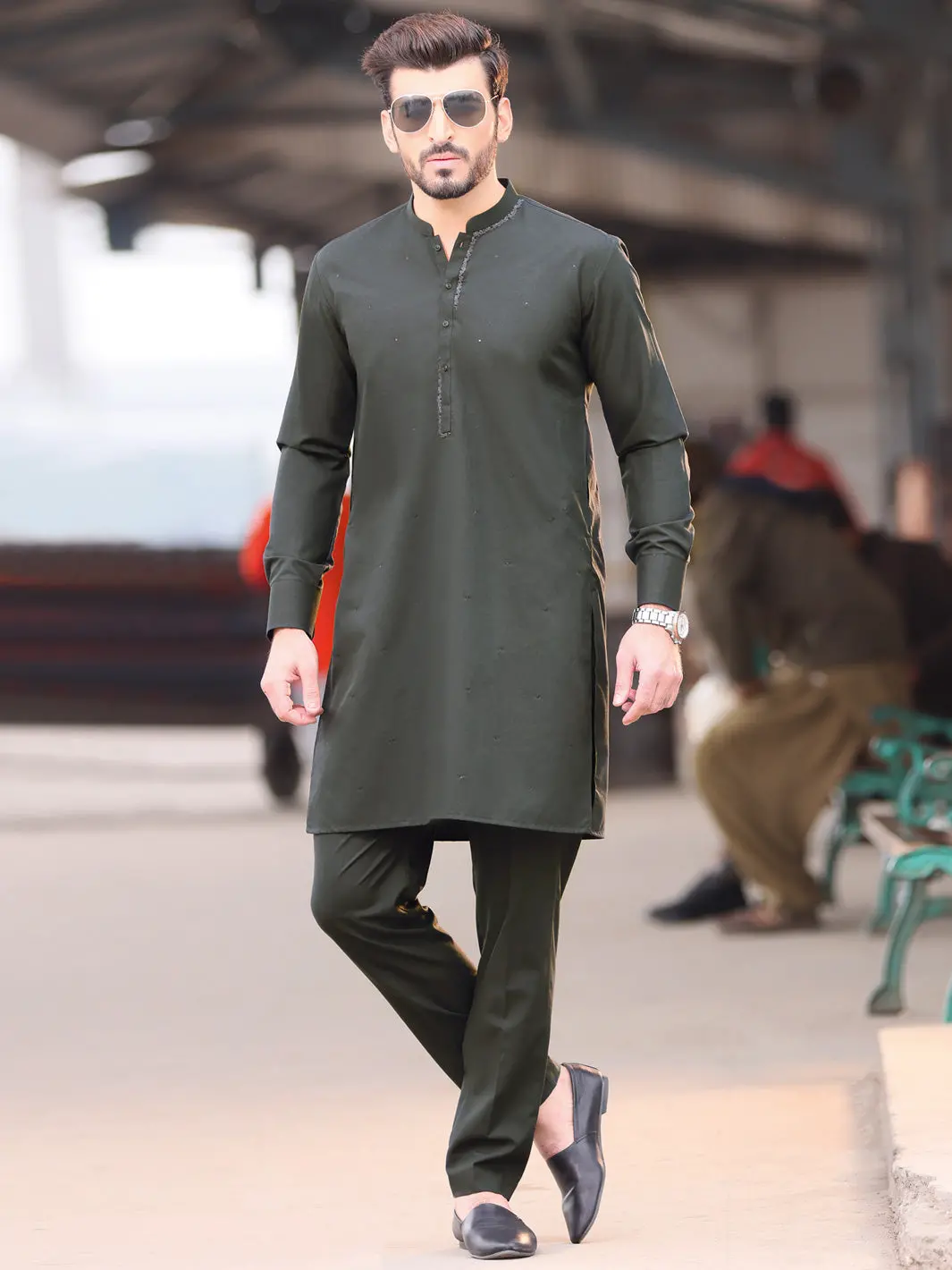 Dark Green Blended Kurta Pajama - Al-Kt-2584 1