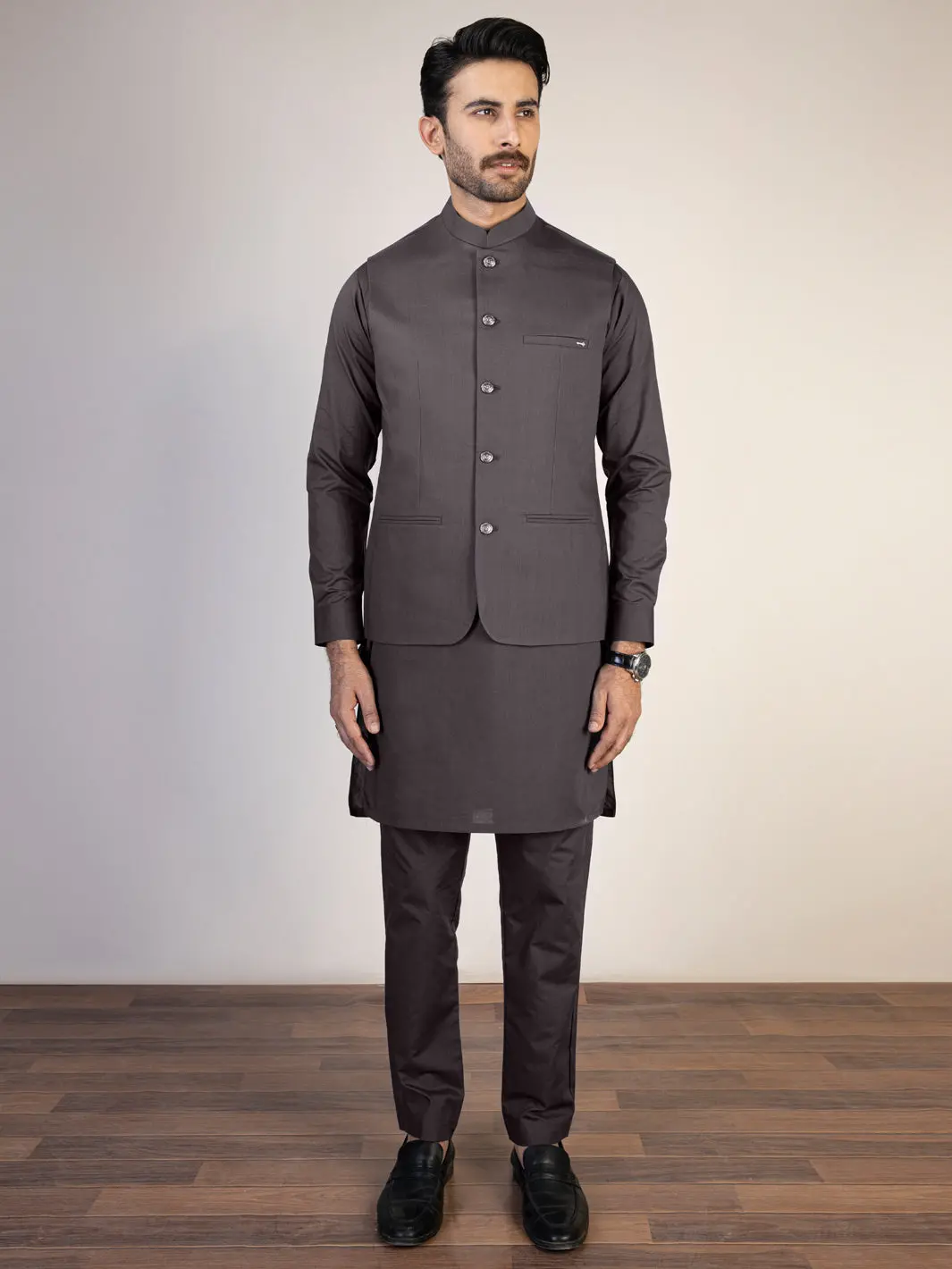 Grey Blended Waistcoat & Kurta Trouser - Al-Kwt-006 1