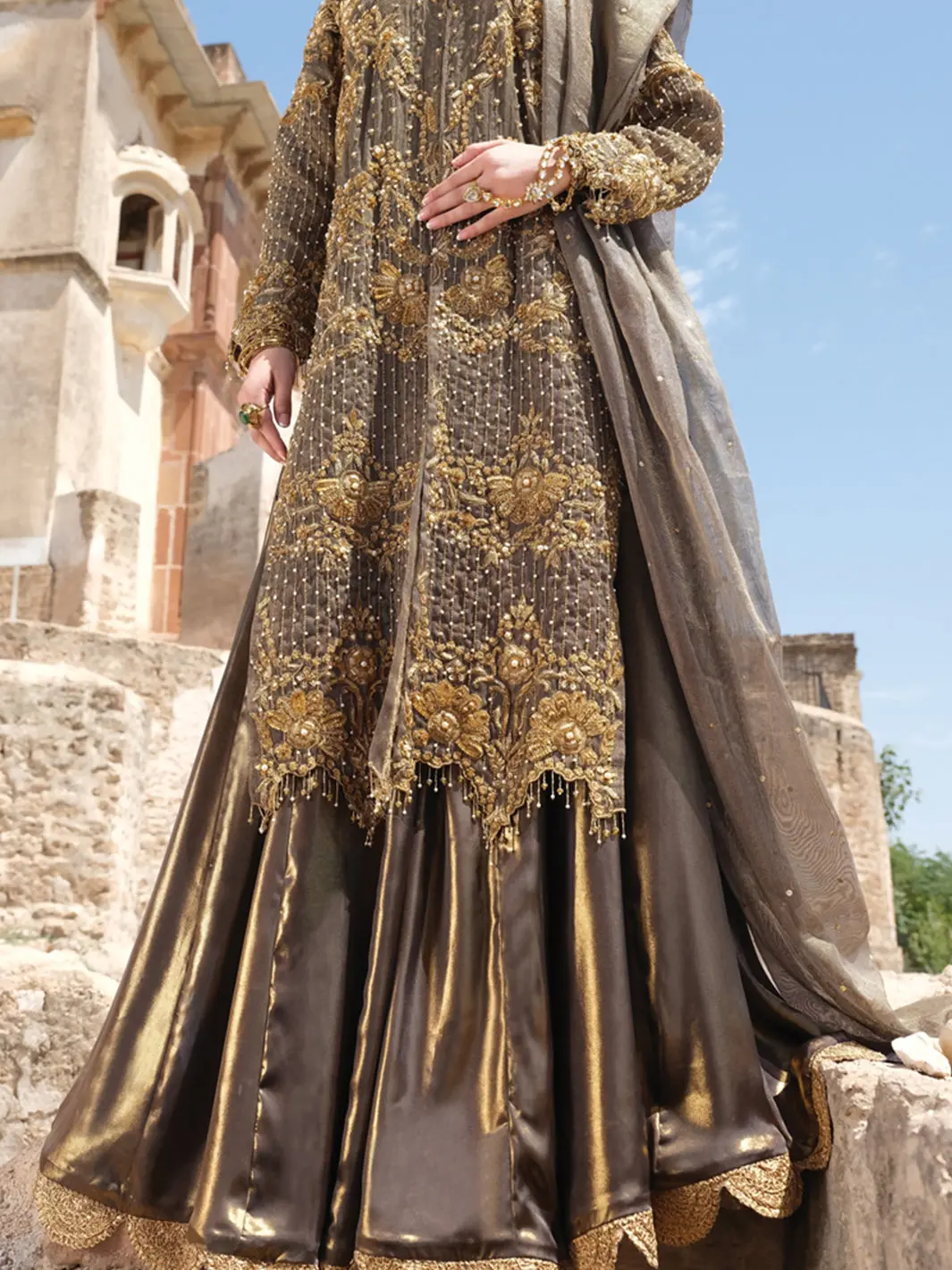 Gold Banarsi 3 Piece Formal Suit - Ls-244 1