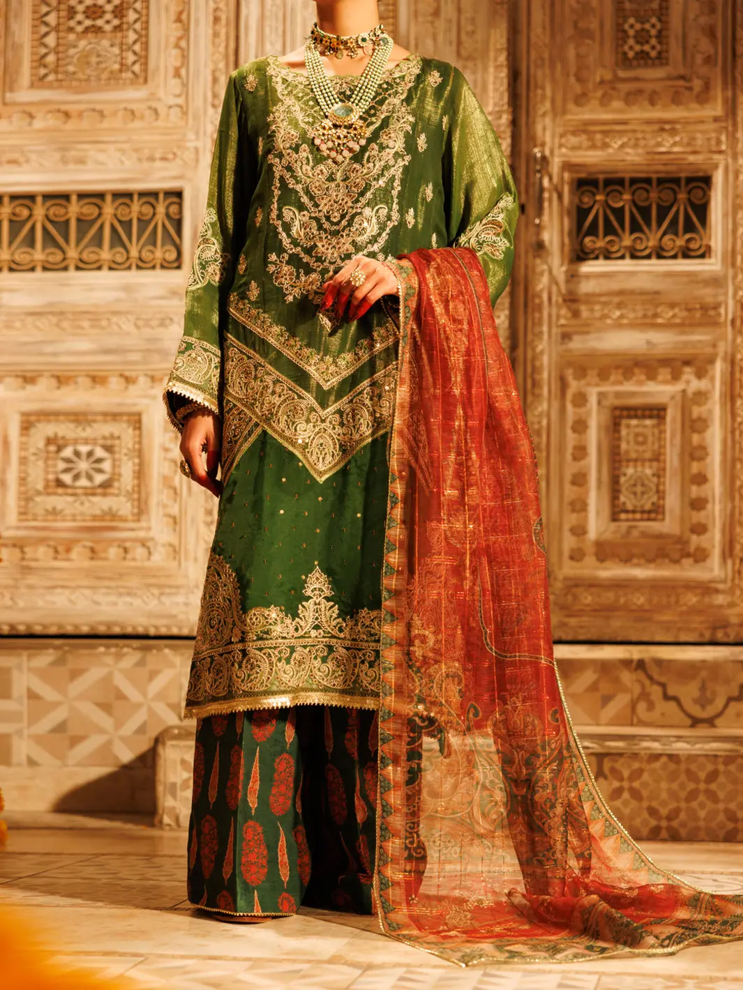 Mehndi Green Mesuri Net Formal 3Pc Stitched - Al-3Ps-Ls-550 1