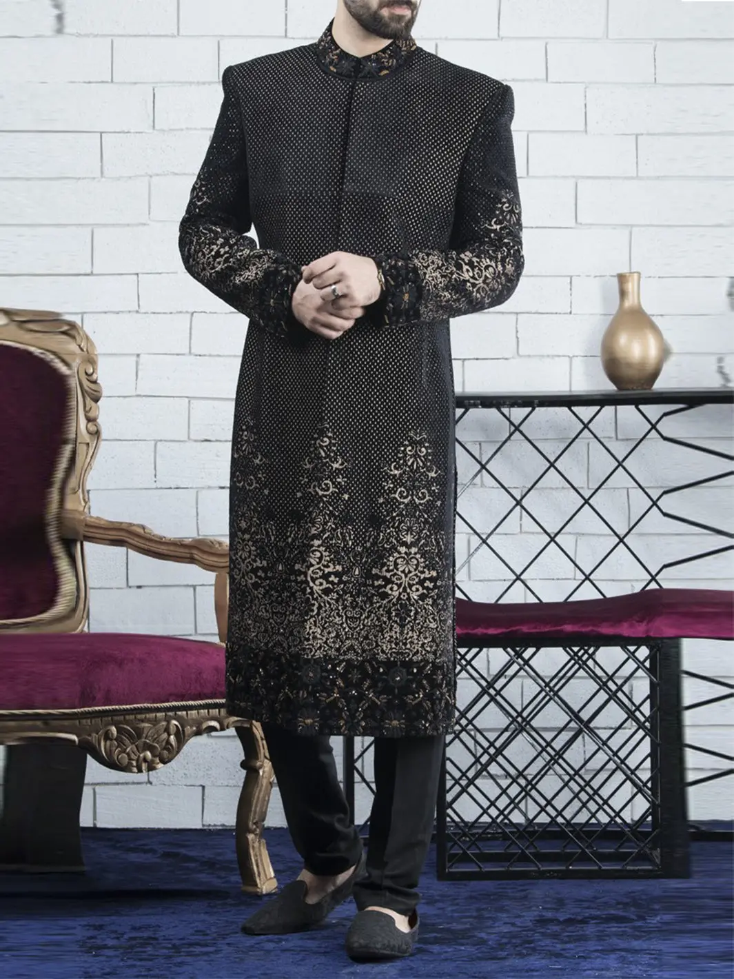 Golden Black Sherwani - Al-Sw-056 1