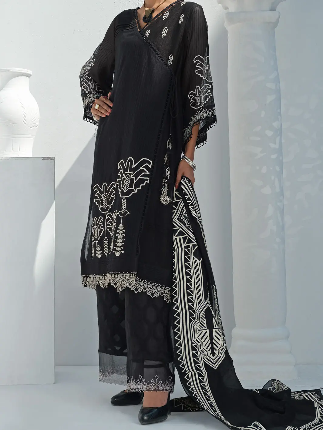 Black Khaddi Net 3Pc Unstitched - Alp-3Ps-1055 1