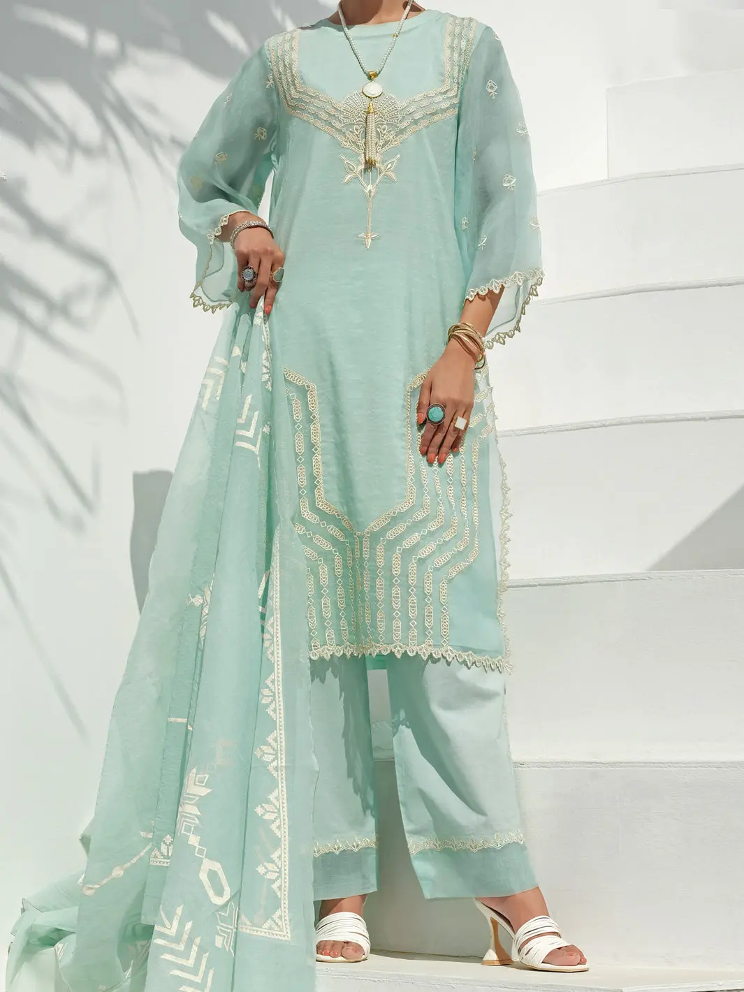 Sky Blue Swiss Voile + Khaddi Net 3Pc Unstitched - Alp-3Ps-1057 1