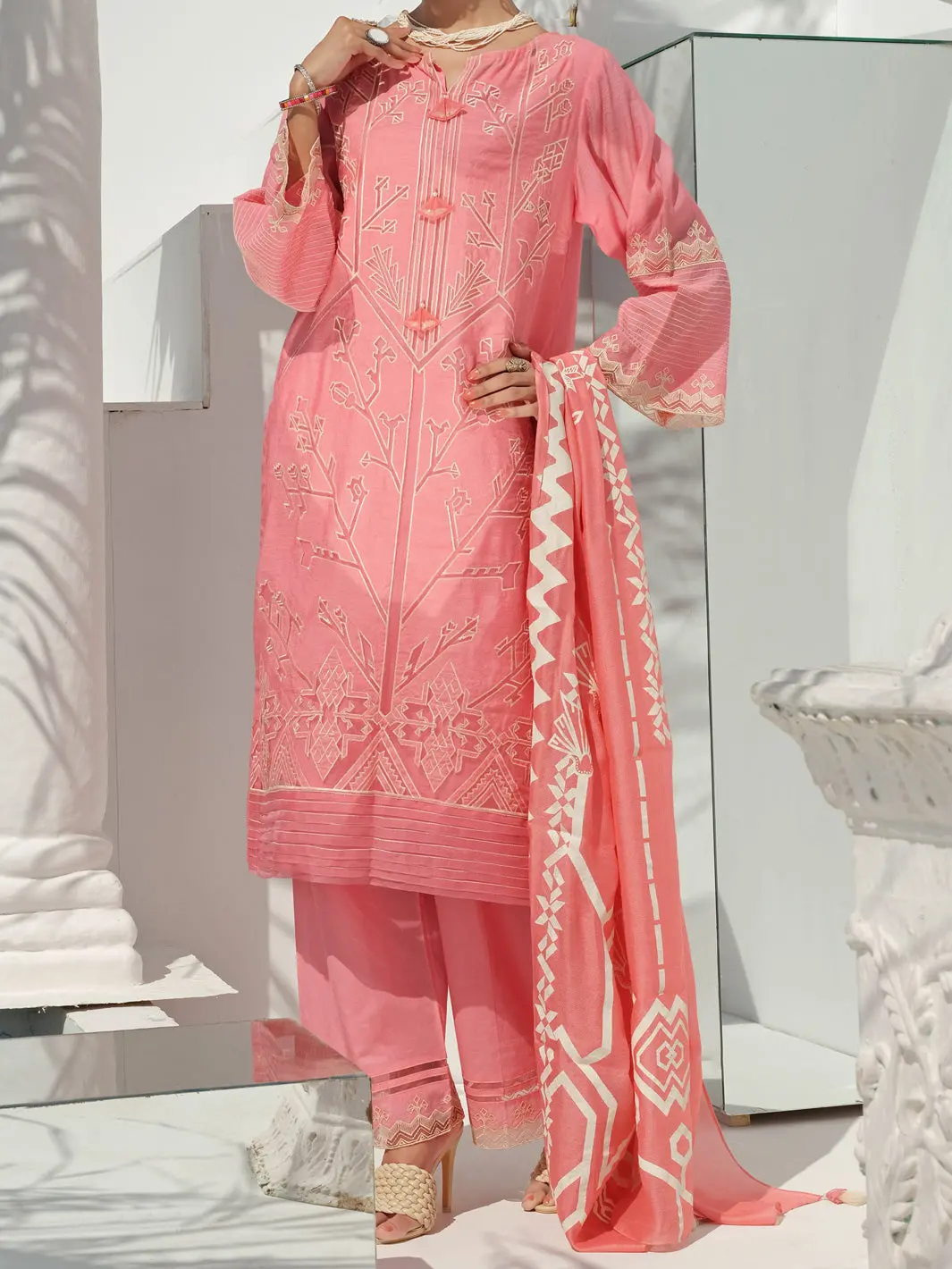 Pink Swiss Voile + Khaddi Net 3Pc Stitched - Alp-3Ps-1059 1