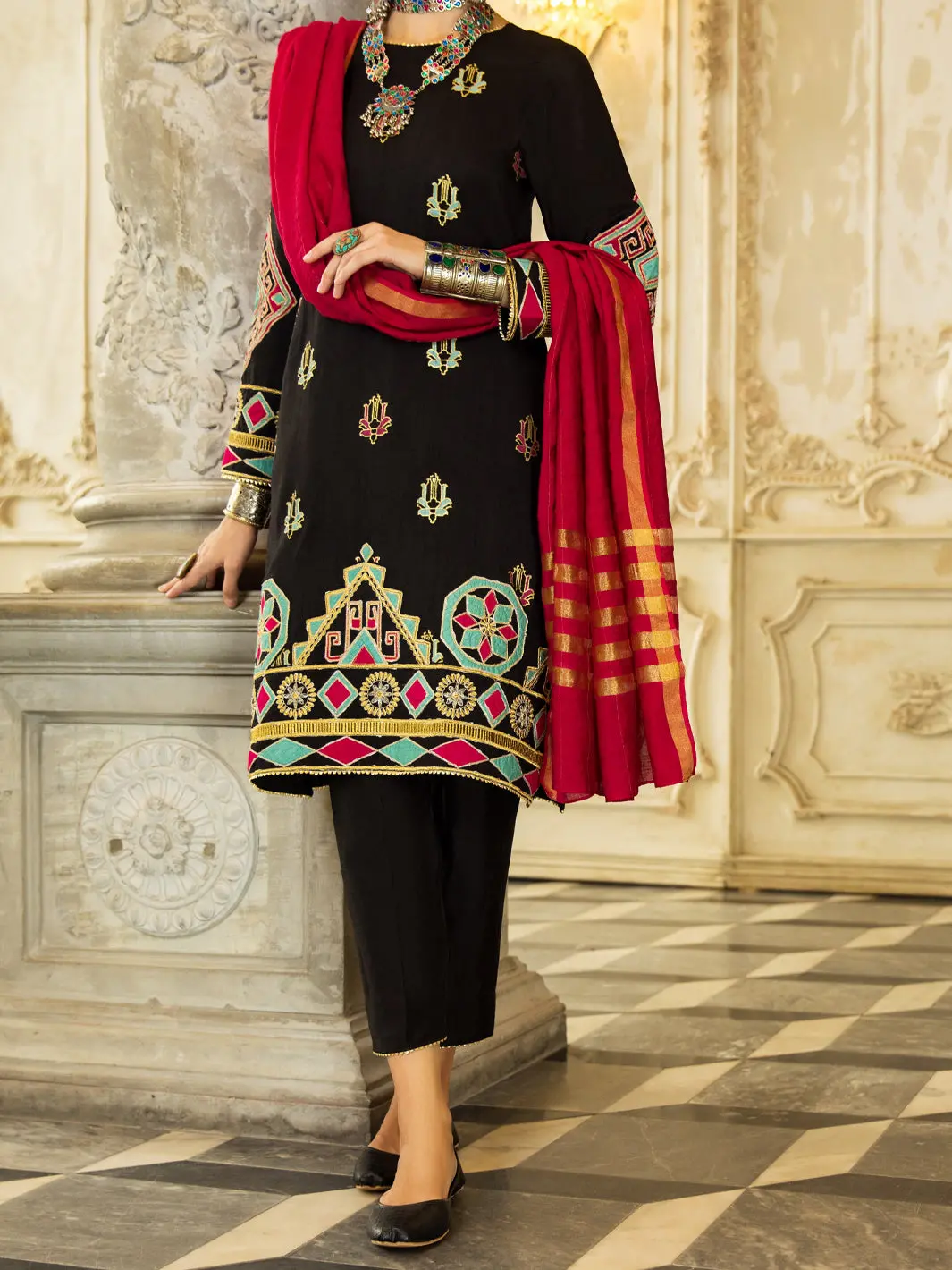 Black Raw Silk 3Pc Stitched - Alp-3Ps-1280 1
