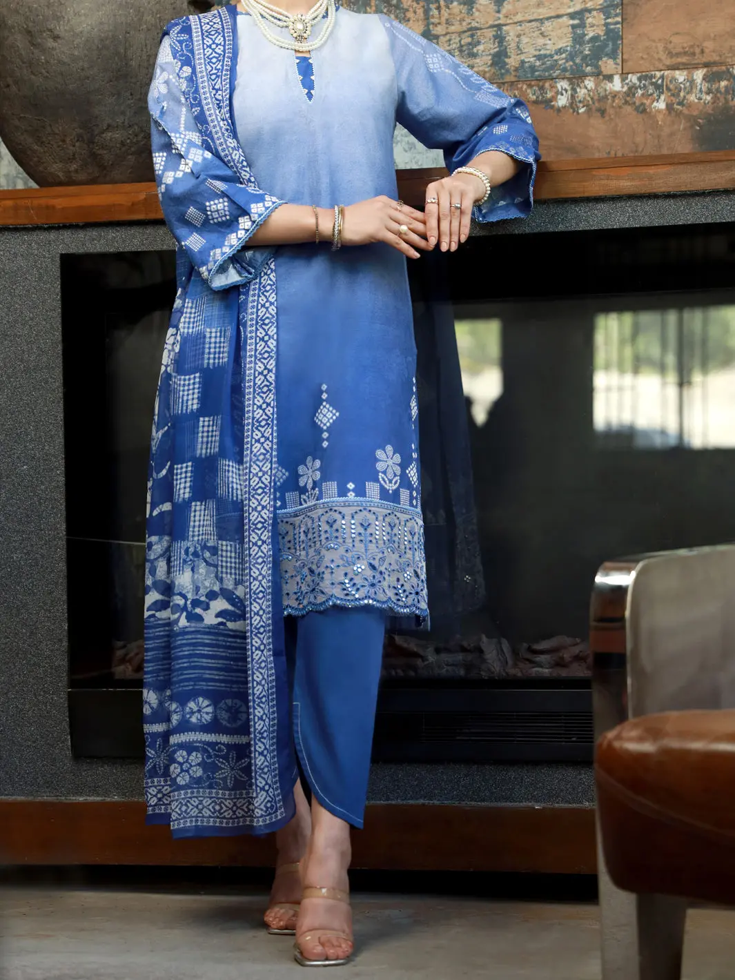 Blue Jacquard 3Pc Stitched - Alp-3Ps-1390 1